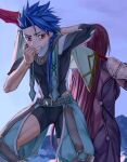  1boy 1girl angry armor asymmetrical_bangs automney bangs belt blue_hair bodysuit_under_clothes braid braided_ponytail capelet child closed_mouth clothing_cutout cu_chulainn_(fate)_(all) earrings fate/grand_order fate/grand_order_arcade fate_(series) gae_bolg_(fate) jewelry long_hair looking_back muscular pauldrons ponytail puffy_pants purple_hair red_eyes scathach_(fate)_(all) setanta_(fate) shoulder_armor skin_tight spiky_hair sweat thigh_cutout 