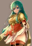  1girl ? aqua_hair armor blue_eyes breastplate cape eirika_(fire_emblem) eyebrows_visible_through_hair fingerless_gloves fire_emblem fire_emblem:_the_sacred_stones gloves highres hirotaka_(hrtk990203) long_hair looking_at_viewer shoulder_armor simple_background skirt skirt_lift solo thigh-highs zettai_ryouiki 