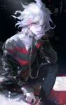  1boy artist_name bangs black_jacket black_pants callarinc chain collar collarbone commentary_request dangan_ronpa_(series) dangan_ronpa_another_episode:_ultra_despair_girls english_commentary grey_eyes grey_hair hand_on_own_cheek hand_on_own_face holding jacket knee_up komaeda_nagito long_sleeves looking_at_viewer male_focus messy_hair metal_collar mixed-language_commentary off_shoulder official_alternate_costume open_clothes open_jacket pants shirt shoes sitting smile solo striped striped_shirt 