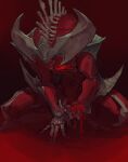  1boy absurdres blood commentary_typo demon fantasy highres horns korean_commentary league_of_legends lim_donghyun looking_down male_focus no_humans open_hand open_mouth red_eyes rhaast solo spine squatting 