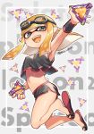  arm_up armpits black_eyes black_shorts breasts covered_nipples crop_top domino_mask fangs flip-flops goggles goggles_on_head highres inkling long_hair looking_at_viewer mask navel open_mouth orange_hair pointy_ears sandals shina_shina shorts sleeveless small_breasts splatoon_(series) splatoon_2 tentacle_hair 