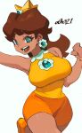  1girl :d absurdres aqua_eyes armpits artist_name ass bike_shorts blue_eyes breasts brooch brown_hair clenched_hand commentary crown dark_skin dark-skinned_female dated earrings english_commentary eyebrows_visible_through_hair highres jewelry large_breasts long_hair looking_at_viewer super_mario_bros. open_mouth orange_footwear orange_shorts outline princess_daisy shoes shorts signature sleeveless smile sneakers solo standing standing_on_one_leg super_mario_land teeth thick_thighs thighs tongue white_outline whoopsatro 