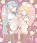  2girls ;d ;o angel_wings apron aqua_eyes aqua_hair black_footwear blonde_hair blue_eyes blush boots bow fang food hair_bow hair_ornament hairclip hatsune_miku heart heart-shaped_pupils heart_hands highres kagamine_rin kneehighs long_hair looking_at_viewer macaron maisa_(yumesirororo) mini_wings miniskirt multiple_girls one_eye_closed open_mouth pastry pleated_skirt short_hair skirt smile symbol-shaped_pupils thigh-highs twintails valentine very_long_hair vocaloid wings zettai_ryouiki 