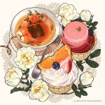  artist_name blueberry cream cup dessert drink english_text flower food food_focus fruit le_delicatessen leaf macaron muffin no_humans orange orange_slice original pastry plate realistic simple_background spoon still_life strawberry tea teabag teacup white_background white_flower 