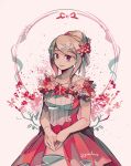  1girl akamatsu_kaede alternate_hairstyle artist_name bangs bare_shoulders blonde_hair breasts collarbone commentary cowboy_shot dangan_ronpa_(series) dangan_ronpa_10th_anniversary_costume dangan_ronpa_v3:_killing_harmony dress english_commentary flower hair_bun hair_flower hair_ornament heart highres large_breasts long_hair looking_at_viewer musical_note_hair_ornament official_alternate_costume pink_dress red_eyes ribbon rina_(crystalrina) smile solo standing white_background 