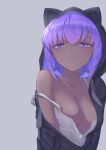  1girl animal_ears black_hoodie breasts cat_ears dark_skin dark-skinned_female eyebrows_visible_through_hair fake_animal_ears fate/grand_order fate_(series) grey_background hassan_of_serenity_(fate) highres hood hood_up hoodie medium_breasts peaceyj purple_hair simple_background solo tank_top violet_eyes white_tank_top 