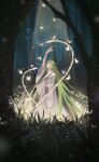  absurdly_long_hair androgynous arm_up bangs blue_eyes blurry_foreground bug butterfly chain closed_mouth commentary dark enkidu_(fate) fate/grand_order fate/strange_fake fate_(series) forest glowing_butterfly grass green_hair grey_eyes half-closed_eyes hand_up highres insect light light_particles light_rays long_fingers long_hair long_sleeves looking_up moss nature night open_hands ota_(ota-0000) outdoors outstretched_hand reaching robe sidelocks smile solo spread_fingers tree very_long_hair white_robe wide_sleeves 