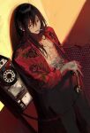  1boy black_hair blood blood_on_face brown_eyes chest_tattoo cigarette collared_jacket fate/grand_order fate_(series) floral_print flower_tattoo holding holding_phone itefu jacket long_hair long_sleeves male_focus open_clothes open_jacket open_mouth pants payphone phone shirtless smoke smoking solo tattoo yan_qing_(fate) yin_yang 