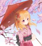  1girl absurdres bangs blonde_hair blush breasts cherry_blossoms closed_mouth eyebrows_visible_through_hair floral_print flower hair_flower hair_ornament hanami hands_up highres holding holding_umbrella japanese_clothes kimono looking_at_viewer medium_hair oil-paper_umbrella original pla0658 red_eyes red_flower red_umbrella small_breasts smile solo umbrella 