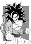  1boy 2094banana abs bangs biceps black_hair body_fur clenched_hands dragon_ball dragon_ball_gt grey_background greyscale highres looking_at_viewer manly monkey_boy monkey_tail monochrome muscular muscular_male no_nipples pectorals shirtless smirk solo son_goku spiky_hair super_saiyan super_saiyan_4 tail toned toned_male 