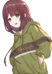  1girl bangs eyebrows_visible_through_hair eyes_visible_through_hair file112056 green_eyes green_hoodie hand_in_pocket hand_on_hip highres hood hoodie jacket light light_blush long_hair looking_at_viewer redhead simple_background smile solo striped_clothes toki_ayano white_background yurucamp 