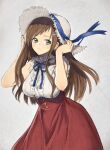  1girl alternate_costume breasts brown_hair closed_mouth dress green_eyes hair_ornament hairclip hat highres large_breasts long_hair looking_at_viewer murata_tefu simple_background skirt smile solo sophia_esteed star_ocean star_ocean_till_the_end_of_time 