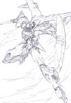  black_eyes d-1 eiji_(tfkn2723) greyscale highres holding holding_knife holding_shield kikou_senki_dragonar knife looking_down mecha mechanical_wings monochrome no_humans science_fiction shield solo wings 