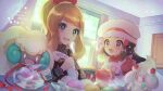  2girls :d alcremie alcremie_(strawberry_sweet) apron artist_name baking black_hair chef_hat commentary curtains dated hikari_(pokemon) dress eyelashes gen_5_pokemon gen_8_pokemon grey_eyes hair_ornament hairclip hat holding indoors kokoroko light_brown_hair long_hair long_sleeves mittens multiple_girls open_mouth poke_puff pokemon pokemon_(creature) pokemon_(game) pokemon_masters_ex serena_(pokemon) short_sleeves sidelocks smile sparkle sparkling_eyes tongue whimsicott white_headwear window 