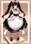  1girl absurdres ahoge black_hair blue_eyes highres lifted_by_self maid original scrunchie seabread shoes smile twintails wire 