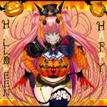  1girl ascot bangs black_headwear breasts cropped_legs crossed_legs eyebrows_visible_through_hair facial_tattoo fang green_eyes gundam halloween happy_halloween haro hat highres ill_(0022) jack-o&#039;-lantern large_breasts long_hair looking_at_viewer mini_hat original personification pointing pointing_at_viewer smirk solo tattoo thick_thighs thigh-highs thighs twintails v-shaped_eyebrows very_long_hair white_neckwear 