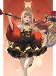  1girl bangs bare_shoulders black_bow black_choker blonde_hair blunt_bangs bow choker commentary_request eyebrows_visible_through_hair fangs foot_up full_body hammer highres holding holding_hammer hood large_bow little_red_riding_hood_(sinoalice) long_hair long_sleeves looking_at_viewer neon_(pixiv_31150749) open_mouth pillarboxed red_nails sinoalice smile solo upper_teeth yellow_eyes 