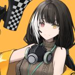  1girl bangs black_hair breasts commentary_request eyebrows_visible_through_hair gas_mask girls_frontline headset heterochromia holding holding_megaphone jacket jacket_over_shoulder lanyard large_breasts long_hair looking mask_around_neck megaphone mikoto_(oi_plus) mod3_(girls_frontline) multicolored_hair red_eyes ro635_(girls_frontline) sleeveless_sweater smile solo streaked_hair white_hair yellow_background yellow_eyes yellow_jacket 