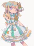  1girl :o aqua_neckwear bangs belt blunt_bangs blunt_ends bow bowtie bunny_hair_ornament center_frills club_(shape) contrapposto daizu_(melon-lemon) diamond_(shape) dress feet_out_of_frame film_grain frills from_side gradient_eyes green_bow grey_background hair_ornament hand_up heart highres large_bow light_brown_hair light_purple_eyes long_hair looking_at_viewer looking_to_the_side multicolored multicolored_eyes no_nose one_side_up outstretched_arm parted_lips petticoat playing_card_theme pretty_(series) pripara puffy_short_sleeves puffy_sleeves short_sleeves simple_background solo spade_(shape) striped tsukikawa_chiri vertical-striped_dress vertical_stripes wristband 