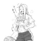  1girl abs blush closed_eyes closed_mouth english_text fan flying_sweatdrops greyscale highres hot long_hair minaka_shobu monochrome muscular muscular_female navel open_mouth original simple_background solo sweat sweatdrop tongue white_background 