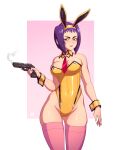  1girl absurdres animal_ears ass_visible_through_thighs bare_shoulders between_breasts border breasts commentary covered_navel cowboy_bebop detached_collar english_commentary fake_animal_ears faye_valentine glock green_eyes gun hairband handgun highres holding holding_gun holding_weapon leotard lips lipstick makeup medium_breasts necktie necktie_between_breasts outside_border pink_background pink_legwear pistol playboy_bunny rabbit_ears red_neckwear rizdraws short_hair sleeveless smoke smoking_gun solo standing strapless strapless_leotard thick_thighs thigh-highs thighs trigger_discipline weapon white_border wide_hips wrist_cuffs yellow_hairband yellow_leotard 