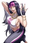  1girl abs bangle bangs black_hair bling blunt_bangs bracelet breasts chain chinese_clothes commentary dudou english_commentary eyelashes fingernails gem gold_chain han_juri hand_in_hair hanny_(uirusu_chan) highres jewelry large_breasts midriff multicolored_hair multiple_rings nail_polish navel pants pose purple_hair purple_nails sideboob sleeveless solo straight_hair street_fighter street_fighter_v toned tongue tongue_out track_pants two-tone_hair upper_teeth violet_eyes 
