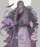  1boy arm_behind_back bird braid cowboy_shot diting_(the_legend_of_luoxiaohei) dog fire grey_background hair_pulled_back highres horns long_hair looking_at_viewer nxo11 pointy_ears purple_fire short_sleeves single_horn solo the_legend_of_luo_xiaohei twin_braids very_long_hair 