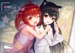  2girls :d ;d absurdres ahoge animal_ear_fluff animal_ears bangs bare_shoulders black_choker black_hair blush breasts camera cat_ears cat_girl chiya_1589505970 choker copyright_request eyebrows_visible_through_hair fang hair_between_eyes hair_ornament hairclip hands_up happy_birthday highres long_hair long_sleeves looking_at_viewer multiple_girls off_shoulder one_eye_closed open_mouth recording red_eyes redhead small_breasts smile star-shaped_pupils star_(symbol) symbol-shaped_pupils twintails v very_long_hair vivian_(mvv) wide_sleeves xingye 