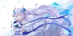  1girl animal_ears azur_lane bangs bare_shoulders blue_flower blush breasts closed_eyes dress eyebrows_visible_through_hair fake_animal_ears flat_chest flower gloves hair_between_eyes hair_flower hair_ornament hair_ribbon holding holding_flower laffey_(azur_lane) long_hair parted_lips rabbit_ears ribbon silver_hair simple_background sleeveless sleeveless_dress small_breasts solo twintails very_long_hair white_background white_dress white_flower white_ribbon white_theme zhen_jian 