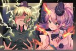  2girls blue_eyes fire green_eyes green_hair hat lightning mononobe_no_futo moshihimechan multiple_girls soga_no_tojiko touhou 