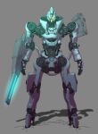  arm_cannon azulblue glowing glowing_eyes ground_shatter highres looking_at_viewer mecha no_humans open_hands original science_fiction solo standing weapon yellow_eyes 