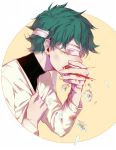  1boy alternate_costume bandages bandages_over_eyes bangs beige_sweater black_shirt blood blood_from_mouth boku_no_hero_academia commentary_request daisy flower from_side green_hair li_he long_sleeves male_focus midoriya_izuku shirt short_hair simple_background solo turtleneck upper_body white_flower 