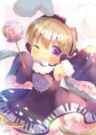  1girl ;) animal_ear_headphones animal_ears bangs bare_shoulders black_dress blush brown_hair candy closed_mouth detached_sleeves dress eyebrows_visible_through_hair fake_animal_ears food frilled_dress frilled_sleeves frills fur-trimmed_sleeves fur_trim hair_between_eyes headphones headset holding holding_candy holding_food holding_lollipop kouu_hiyoyo lollipop long_hair long_sleeves looking_at_viewer low_twintails one_eye_closed outstretched_arm piano_print print_dress rabbit_ears sleeveless sleeveless_dress sleeves_past_fingers sleeves_past_wrists smile solo swirl_lollipop tsukuyomi_ai twintails very_long_hair violet_eyes voiceroid wide_sleeves 
