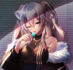  1girl animal_ears black_nails breasts candy food fur-trimmed_jacket fur_trim grey_hair highres hololive jacket kmes_niku large_breasts light_particles lion_ears lollipop long_hair one_eye_closed shishiro_botan virtual_youtuber 