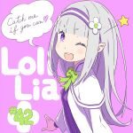  1girl ;d emilia_(re:zero) one_eye_closed ootsuka_shin&#039;ichirou open_mouth re:zero_kara_hajimeru_isekai_seikatsu smile solo upper_teeth 