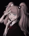  1girl bangs bear_hair_ornament black_background black_shirt blush bow breasts collared_shirt crazy_eyes dangan_ronpa:_trigger_happy_havoc dangan_ronpa_(series) double_v enoshima_junko fingernails from_side grey_eyes hair_ornament hands_up highres long_hair long_sleeves looking_at_viewer nail_polish red_bow red_nails renshu_usodayo sharp_fingernails shirt smile solo tongue tongue_out twintails upper_body v 