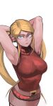  1girl 33dot absurdres armpits arms_behind_head arms_up beige_skirt belt blonde_hair blue_eyes breasts commentary english_commentary gamia_q highres large_breasts long_hair looking_at_viewer mazinger_z mazinkaiser pencil_skirt red_sweater shin_mazinger_shougeki!_z-hen skirt sleeveless sleeveless_turtleneck solo standing sweater turtleneck twintails white_background 
