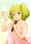  1girl alternate_hairstyle bangs bare_shoulders blush brown_eyes collarbone eyebrows_visible_through_hair green_hair highres holding holding_microphone looking_at_viewer macross macross_frontier microphone open_hand open_mouth ranka_lee sasanoneko side_ponytail smile solo 