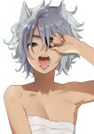  1girl animal_ear_fluff animal_ears arm_up bare_arms bare_shoulders brown_nails collarbone eyepatch grey_hair mattaku_mousuke nail_polish open_mouth original sarashi sharp_teeth short_hair simple_background solo teeth twitter_username upper_body white_background 