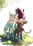  2boys aki963852 animal_ears black_hair fengxi_(the_legend_of_luoxiaohei) flower from_behind full_body grass highres horns long_hair long_sleeves multiple_boys parted_lips pointy_ears rope striped tail the_legend_of_luo_xiaohei vertical_stripes white_flower white_hair wide_sleeves xuhuai_(the_legend_of_luoxiaohei) younger 