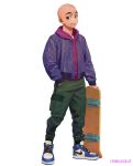  1boy alternate_costume bald commentary dragon_ball green_eyes hand_in_pocket highres holding holding_skateboard hongcasso hood hood_down hoodie kuririn male_focus nike parted_lips patterned patterned_clothing shoes signature simple_background skateboard smile sneakers solo standing white_background 