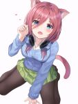  1girl absurdres animal_ear_fluff animal_ears arm_up bangs between_legs black_legwear blue_cardigan blue_eyes blush breasts cardigan cat_ears cat_tail claw_pose collared_shirt eyebrows_visible_through_hair eyes_visible_through_hair fang go-toubun_no_hanayome green_skirt hair_between_eyes hand_between_legs headphones headphones_around_neck heart highres k.j. long_hair long_sleeves looking_at_viewer medium_breasts nakano_miku no_shoes open_mouth pantyhose pleated_skirt redhead shirt simple_background sitting skin_fang skirt solo symbol_commentary tail wariza white_background white_shirt 