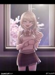  1girl :d ahoge akamatsu_kaede bad_hand bangs blonde_hair breasts commentary_request cowboy_shot dangan_ronpa_(series) dangan_ronpa_v3:_killing_harmony dated hair_ornament hand_up hands_up happy_birthday highres holding letterboxed long_hair long_sleeves looking_at_viewer medium_breasts musical_note musical_note_hair_ornament nana_hiyo necktie open_mouth pillarboxed pleated_skirt purple_skirt school_uniform shirt skirt smile solo sweater_vest twitter_username upper_teeth violet_eyes white_shirt window 