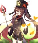  1girl :d black_headwear black_nails black_shorts brown_hair bug butterfly chieezuik flower genshin_impact hat highres holding holding_weapon hu_tao insect long_sleeves nail_polish open_mouth polearm red_eyes shorts smile solo standing tailcoat top_hat weapon 