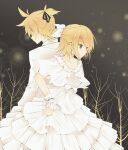  1boy 1girl back-to-back blonde_hair blue_eyes bow branch brother_and_sister collar collarbone dress formal frilled_collar frilled_cuffs frilled_dress frills hair_bow hair_ornament hair_ribbon hairclip highres kagamine_len kagamine_rin layered_dress light_particles pale_skin ribbon scrunchie siblings skirt_hold suit tuxedo twins varinr vocaloid white_dress white_suit wrist_cuffs wrist_scrunchie 