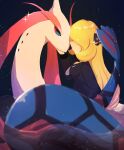  1girl black_coat blonde_hair closed_mouth coat commentary_request cynthia_(pokemon) face-to-face from_side fur-trimmed_coat fur_trim gen_3_pokemon hair_ornament highres long_hair mikan-pasta milotic pokemon pokemon_(creature) pokemon_(game) pokemon_dppt shiny shiny_hair smile sparkle 