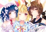  3girls :3 :q ahoge animal_ears bangs bare_shoulders blonde_hair blue_hair blue_sailor_collar blue_shirt bow braid breasts brown_hair cat collarbone dress eyebrows_visible_through_hair flower fox_ears fumi_(nijisanji) hair_flower hair_ornament hair_ribbon hoshikawa_sara japanese_clothes jewelry kabocha_usagi kimono long_hair looking_at_viewer maid_headdress medium_breasts multiple_girls necklace nijisanji off-shoulder_kimono one_eye_closed patterned_background red_eyes red_flower ribbon rose sailor_collar shirt short_hair short_sleeves simple_background smile strapless strapless_dress tongue tongue_out upper_body virtual_youtuber wavy_hair white_dress white_flower white_kimono white_neckwear x_hair_ornament yamagami_karuta yellow_eyes 