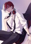  1boy bangs belt black_belt black_neckwear black_pants blue_eyes boku_no_hero_academia closed_mouth commentary_request dress_shirt earrings feet_out_of_frame hand_up headphones headphones_around_neck highres jewelry li_he looking_at_viewer loose_necktie male_focus multicolored_hair necktie pants redhead shirt short_hair sitting solo striped todoroki_shouto watch watch white_hair white_shirt 