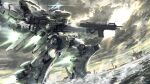  armored_core armored_core:_for_answer clouds cloudy_sky dual_wielding glowing gun highres holding holding_gun holding_weapon horns looking_up mecha no_humans single_horn skating sky solo takuan_(a_mood_home) visor water weapon white_glint 