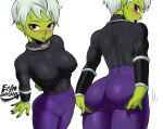  1girl absurdres artist_name blush broly_(dragon_ball_super) broly_(dragon_ball_super)_(cosplay) cheelai colored_skin cosplay dragon_ball dragon_ball_super dragon_ball_super_broly echo_saber green_skin highres looking_at_viewer looking_back multiple_views open_mouth pink_eyes short_hair white_hair 